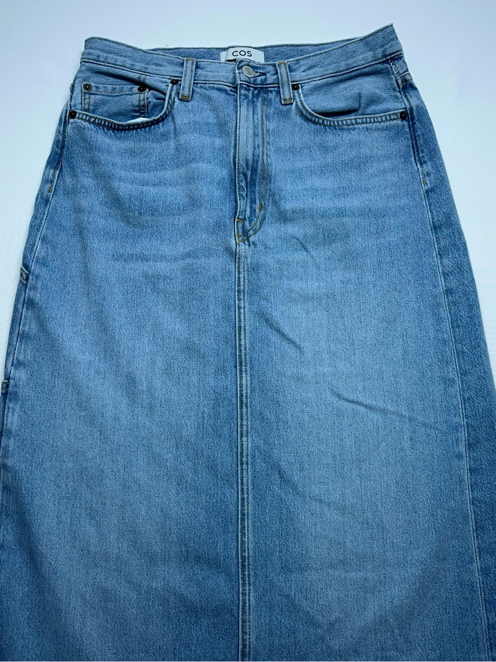 COS Long Denim Skirt Womens Size 6 Blue 5 Pocket Midi Zip Button Slit